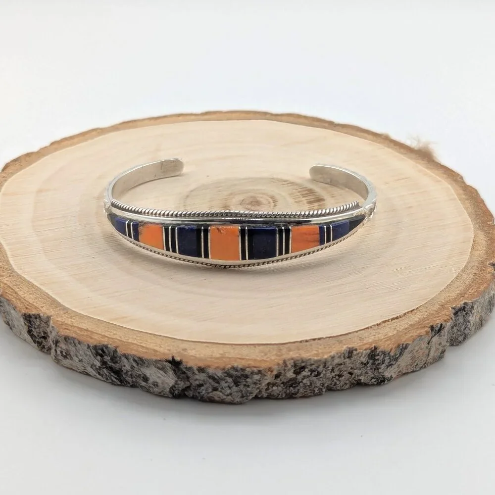 Handmade Zuni Multi Stone Inlay Cuff Bracelet Sterling Silver Jewelry Sz 6.5in**